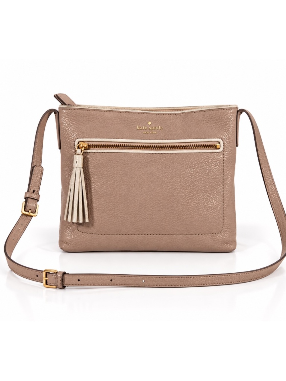 Kate Spade New York Taupe Pebbled Leather Crossbody Bag Tassel Zip Pocket